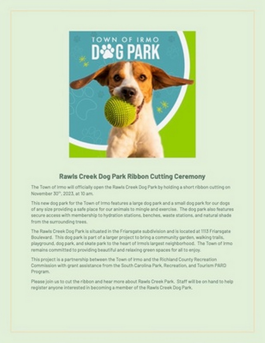 Ribbon Cutting Town of Irmo Dog Park Nov 30, 2023 Irmo South